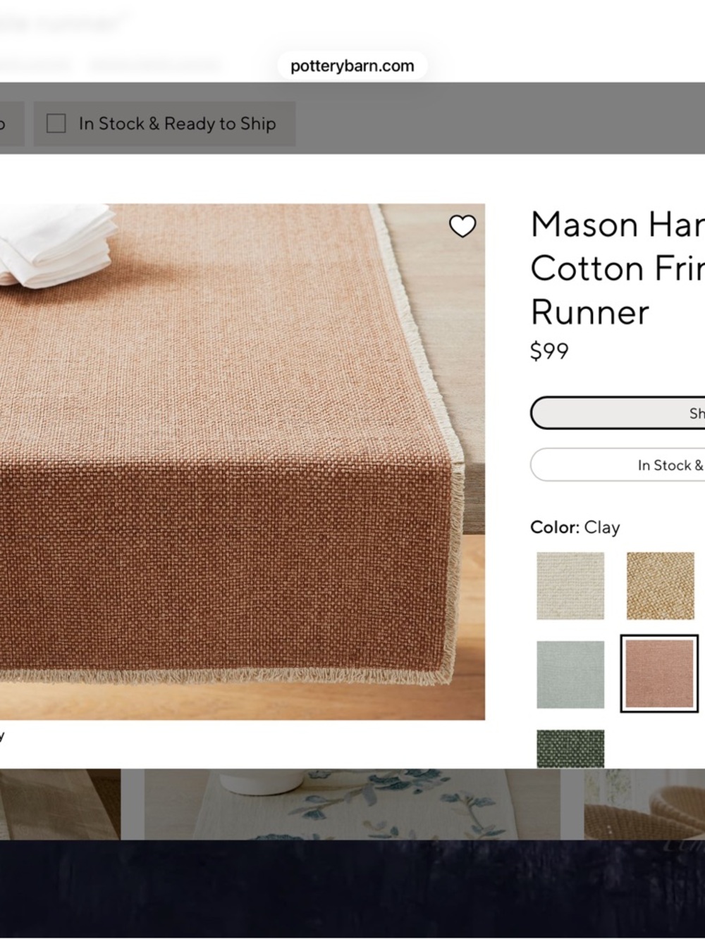 Pottery Barn Mason Handwoven Cotton Fringe Table Runner